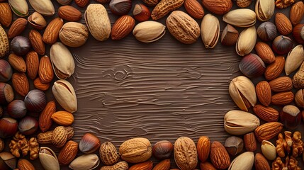 a frames made out from delicious medley of nuts on the matching background