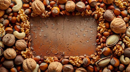 a frames made out from delicious medley of nuts on the matching background