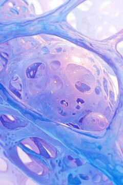 Golgi apparatus beside a lysosome, cool blues and purples, under microscope, clear focus
