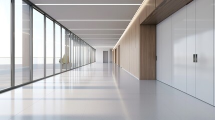 Illustration Interior design of an office corridor with a large empty space in a modern wooden style. AI generated