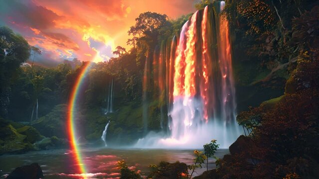 A rainbow over a waterfall in a lush rainforest, vibrant and lively nature landscape