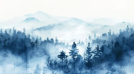 Watercolor background of foggy forest, winter hill, wild nature, taiga.