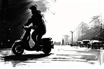 Naklejka premium a Silhouette of little boys riding scooters against the background
