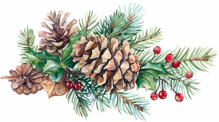 Christmas decor watercolor pine cone with holly, mistletoe and christmas tree branch on white background. Design or print botanical clip art.