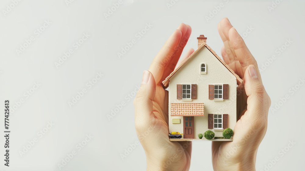 Poster hands cradling a realistic house model against a soft white background. home safety concept. generat