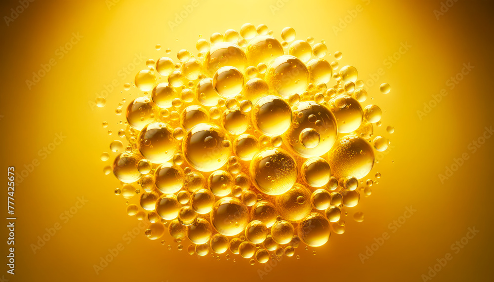 Poster yellow oil bubbles floating on an abstract golden backdrop, creating a vibrant modern wallpaper desi