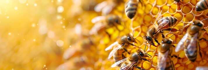 A group of bees are on a yellow background - obrazy, fototapety, plakaty
