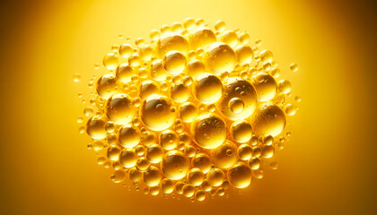Yellow oil bubbles floating on an abstract golden backdrop, creating a vibrant modern wallpaper design. Generative AI
