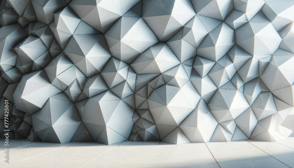Poster A geometrical 3D styled abstract pattern on a wall and floor, displaying a modern white backdrop concept, Generative AI. Generative AI