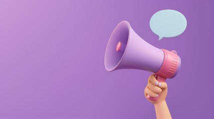 illustration of Hand holding a loudspeaker (megaphone) on a purple background. banner or poster template. Ai generated