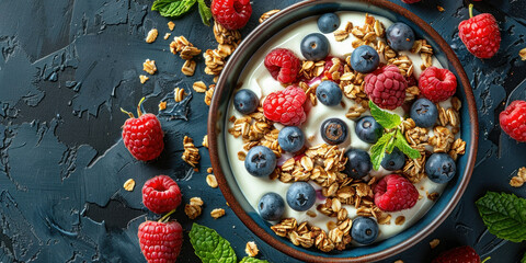 Healthy Breakfast Yogurt Bowl with Fresh Berries, Granola and Honey on Dark Table, Top View