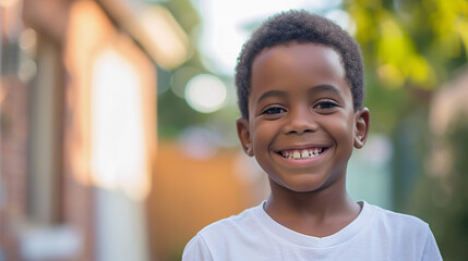 Little African American boy close up portrait, outdoors, copy space