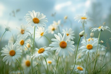 Fototapeta premium Daisies On Field - Abstract Spring Landscape blur background