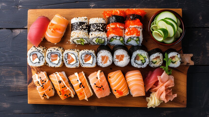 Sushi Variety on Dark Wooden Surface