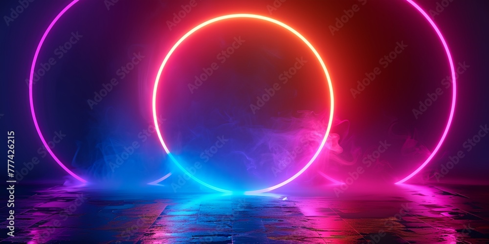 Aufkleber a colorful, glowing, and abstract scene with three large circles of different colors. the circles ar
