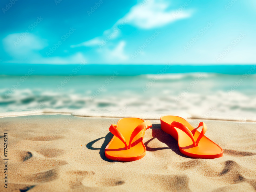 Poster flip-flops on sandy beach with ocean in the background. ai generative illustration