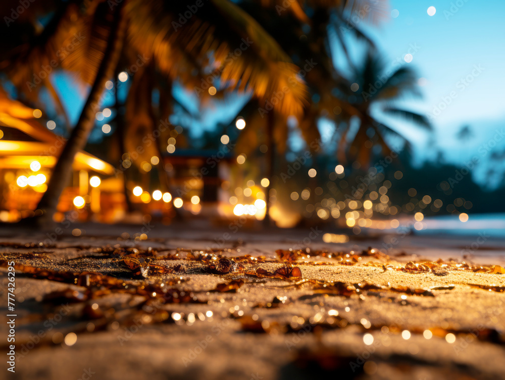 Poster closeup of sand with a blurred beach background featuring palm trees and lights at dusk. ai generati