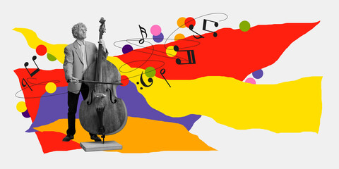 Monochrome image of musician standing with contrabass on white background with abstract colorful elements. Contemporary artwork. Concept of music festival, creativity, inspiration, art, event. Poster © master1305