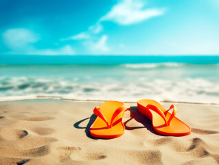 Flip-flops on sandy beach with ocean in the background. Ai generative illustration