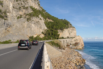 The stunning high altitude cliffside road along the coastline of Liguria, Italy - 777426448