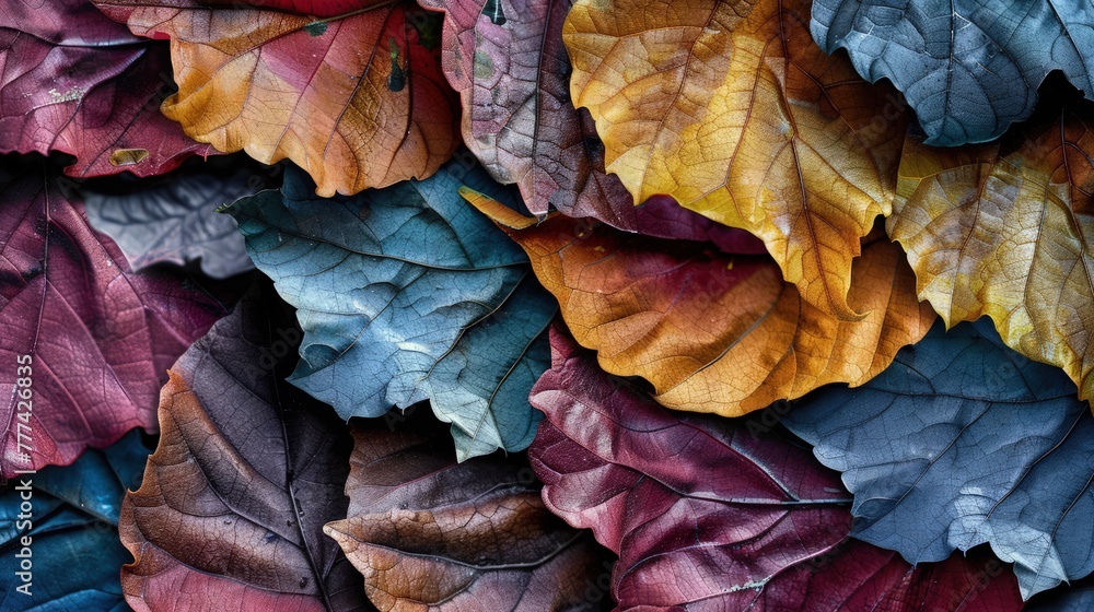 Poster a close-up image of multicolored leaves in an abstract pattern, resembling a rough, textured paintin