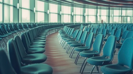 Fototapeta premium Rows of empty chairs await business seminar. Modern conference room interior. Corporate meeting space.