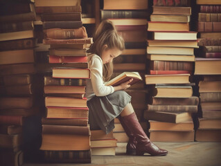 Little Bookworm in Wonderland - obrazy, fototapety, plakaty
