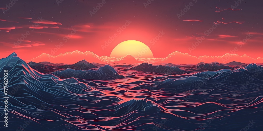 Poster a computer generated image of a sunset over the ocean