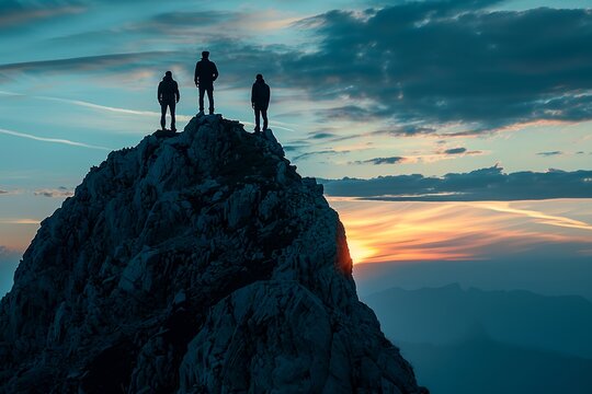 A group of people stand on a mountain peak, looking out at the sunset. Scene is peaceful and serene, as the people are enjoying the beauty of nature and the moment of victory