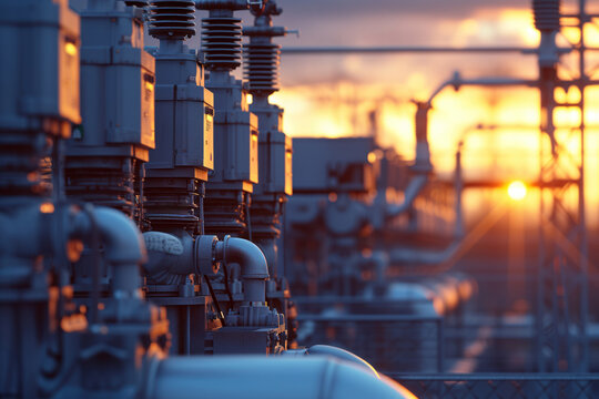 An electric substation with switchgear transmission transformers at high voltage AI Generative