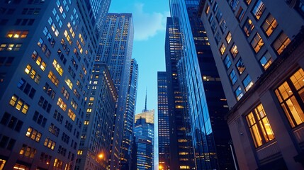 Fototapeta na wymiar Cityscape at dusk, showcasing the lit windows of tall office buildings against a deep blue sky.