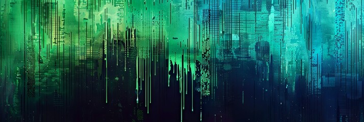 A glitchy digital vertical gradient in cyberpunk green, black, and electric blue with a grainy texture for a tech-savvy and edgy poster - obrazy, fototapety, plakaty