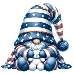 Fototapeta premium Watercolor of cute chubby gnome in America flag color outfit, pastel tone,Gnome hands holding rabbit doll. American gnome celebrate independence day. 