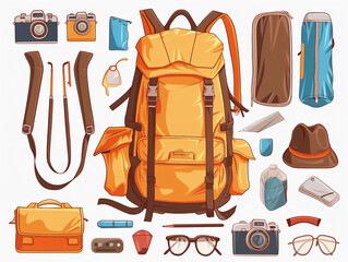 Illustration of Travel Gear with Orange Backpack