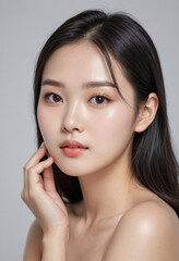 beautiful Korean girl good skin  black hair white background  skin care  Hight detail