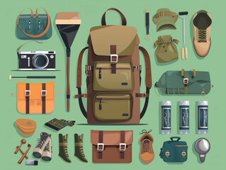 Illustration of Complete Hiker's Backpack and Tools