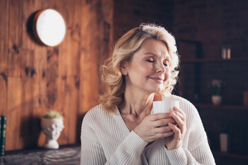 Photo portrait of lovely retired woman smell aroma drink coffee wear casual clothes cozy home...