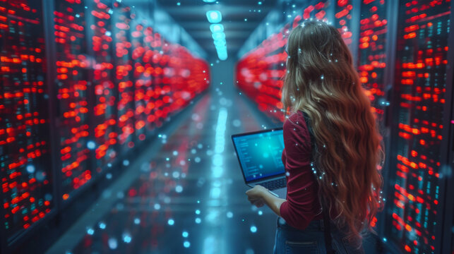 3D Graphics Concept: Big Data Center Female Chief Technology Officer Using Laptop Standing In Warehouse, Activates Servers, Information Digitalization Starts. SAAS, Cloud Computing, Web Service. - Powered by Adobe