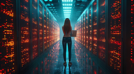 3D Graphics Concept: Big Data Center Female Chief Technology Officer Using Laptop Standing In Warehouse, Activates Servers, Information Digitalization Starts. SAAS, Cloud Computing, Web Service.