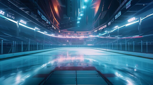 a futuristic concept of an unoccupied ice hockey stadium with futuristic lighting attractive look