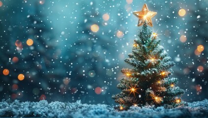 Fototapeta na wymiar KS Christmas tree with shining star in winter night fores