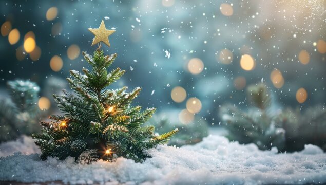  KS Christmas tree with shining star in winter night fores