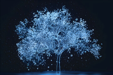 Neon silhouette of winter tree with frost and snowflakes isolated on black background.