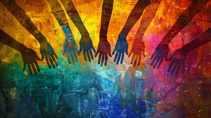 A vibrant artwork of multicolored hands overlapping, symbolizing diversity and unity on an abstract painted background.