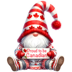 Watercolor of cute chubby gnome in canada color outfit, pastel red tone,Gnome hands holding a banner said"Proud to be canadian"  Canadian gnome celebrate independence day.  