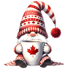 Watercolor of cute chubby gnome in canada color outfit, pastel red tone,Gnome hands holding a cup of coffee. Canadian gnome celebrate independence day.   