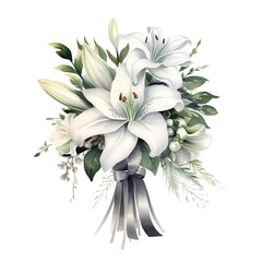 Classic white lily bouquet with a silk ribbon