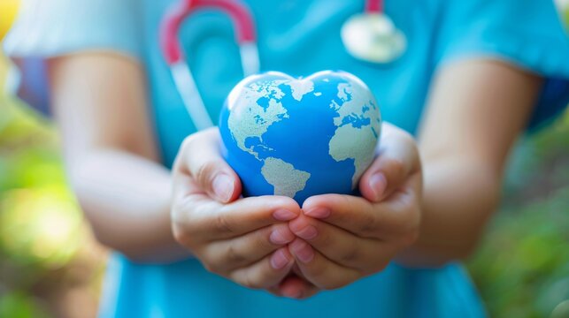 A medical worker in blue scrubs cradles a heart-shaped globe, symbolizing global healthcare compassion and responsibility.