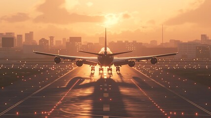 an AI-generated image showcasing the finesse of an airplane landing on an airport runway, 