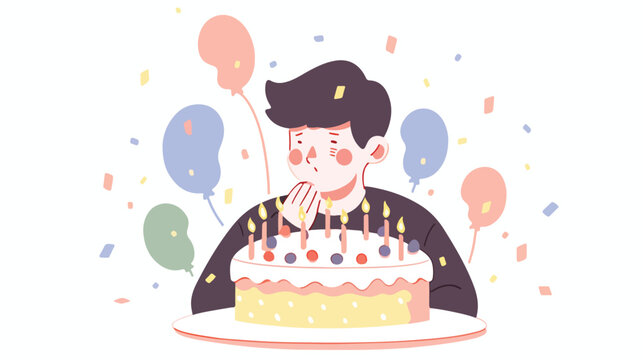 Man blowing candles on a birthday cake 2d flat cart